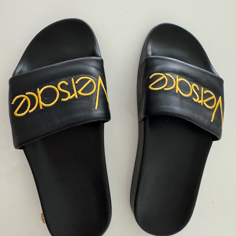 Versace Black Slides with Gold Embroidery